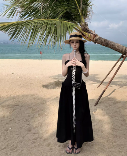 Vogue Lace-Up Corset Ruffles Trimmed Maxi Dress Elegant Stylish Shoots Strapless Long Dress AP1493