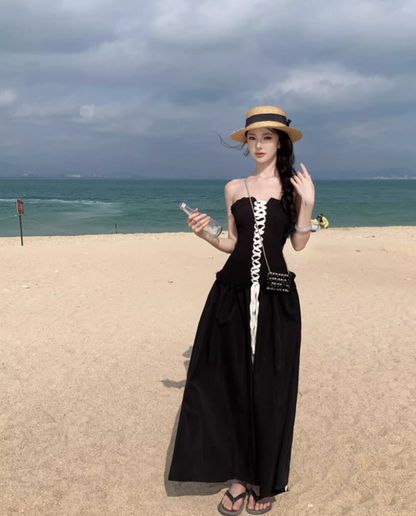 Vogue Lace-Up Corset Ruffles Trimmed Maxi Dress Elegant Stylish Shoots Strapless Long Dress AP1493