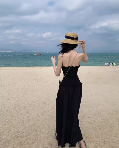 Vogue Lace-Up Corset Ruffles Trimmed Maxi Dress Elegant Stylish Shoots Strapless Long Dress AP1493