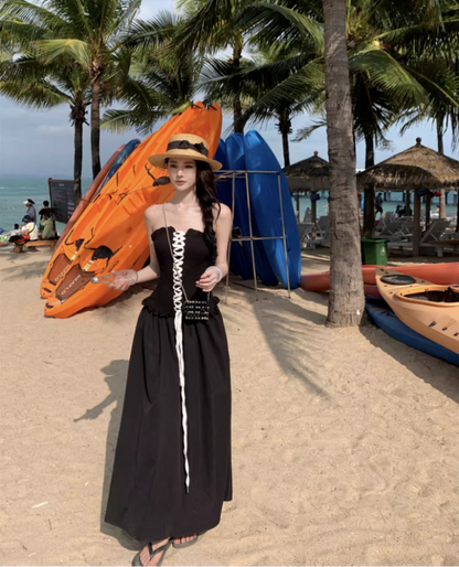 Vogue Lace-Up Corset Ruffles Trimmed Maxi Dress Elegant Stylish Shoots Strapless Long Dress AP1493