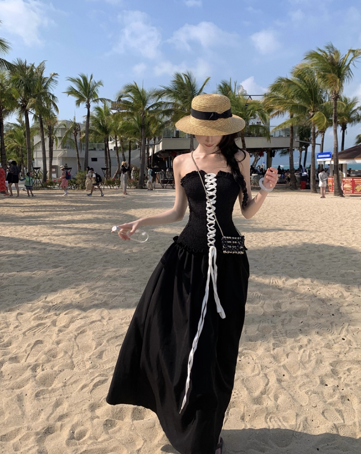 Vogue Lace-Up Corset Ruffles Trimmed Maxi Dress Elegant Stylish Shoots Strapless Long Dress AP1493