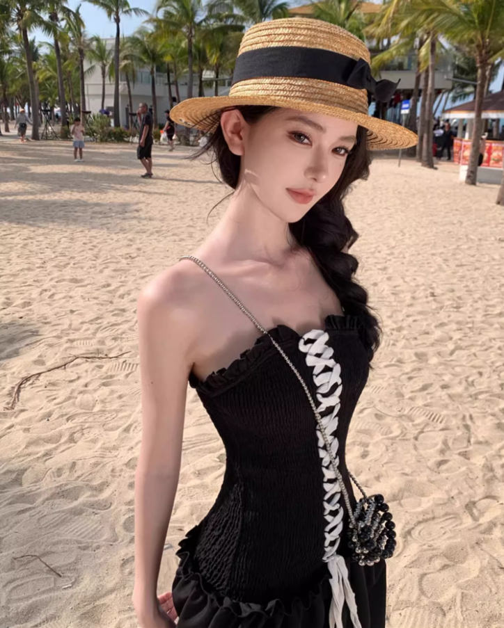 Vogue Lace-Up Corset Ruffles Trimmed Maxi Dress Elegant Stylish Shoots Strapless Long Dress AP1493