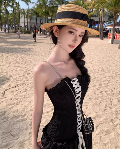 Vogue Lace-Up Corset Ruffles Trimmed Maxi Dress Elegant Stylish Shoots Strapless Long Dress AP1493