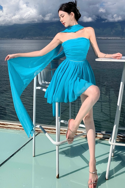 Vogue Turquoise A-Line Mini Skirt Chic Strapless Natural Draped Short Dress AP1494