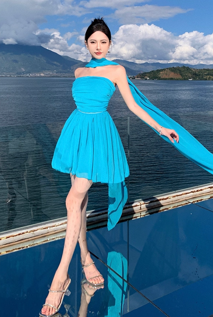 Vogue Turquoise A-Line Mini Skirt Chic Strapless Natural Draped Short Dress AP1494