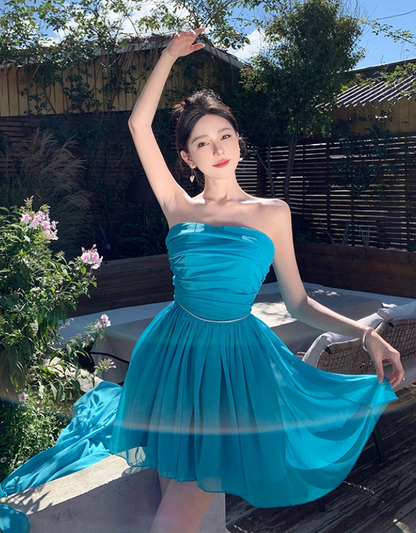 Vogue Turquoise A-Line Mini Skirt Chic Strapless Natural Draped Short Dress AP1494