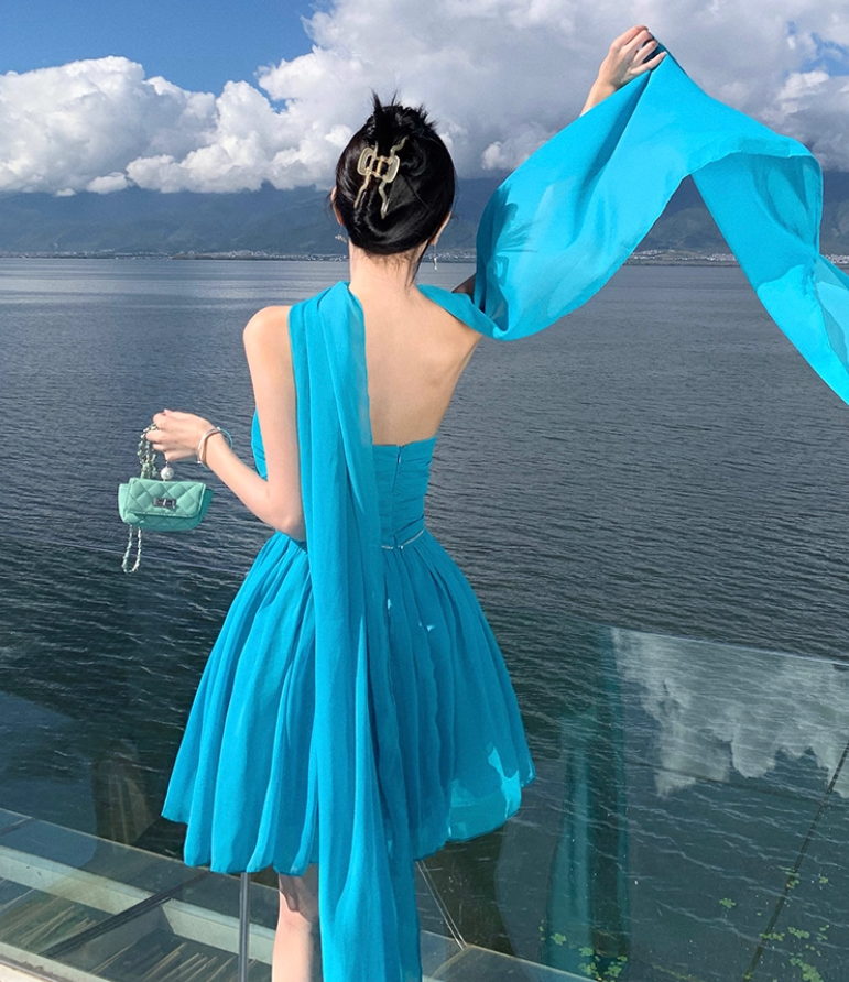 Vogue Turquoise A-Line Mini Skirt Chic Strapless Natural Draped Short Dress AP1494