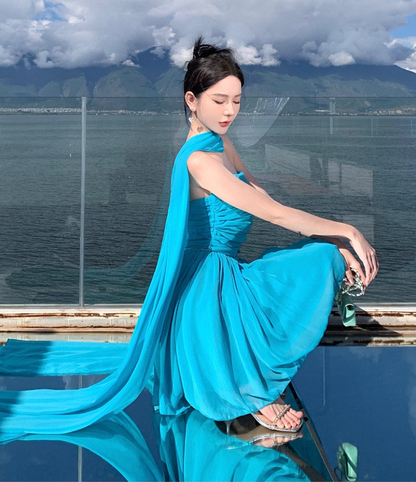 Vogue Turquoise A-Line Mini Skirt Chic Strapless Natural Draped Short Dress AP1494