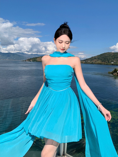 Vogue Turquoise A-Line Mini Skirt Chic Strapless Natural Draped Short Dress AP1494