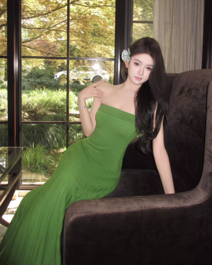 Charming Green Strapless Flowy Hem Maxi Dress Retro Stylish Shoots Pressed Pleat Long Dress AP1495