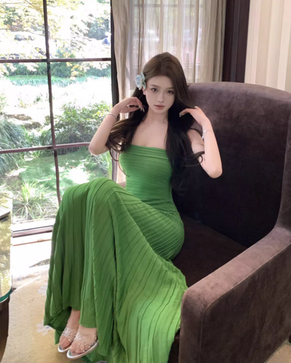 Charming Green Strapless Flowy Hem Maxi Dress Retro Stylish Shoots Pressed Pleat Long Dress AP1495