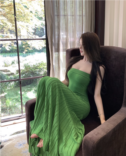 Charming Green Strapless Flowy Hem Maxi Dress Retro Stylish Shoots Pressed Pleat Long Dress AP1495