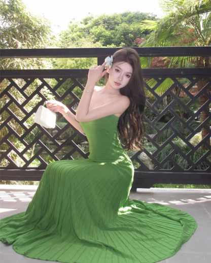 Charming Green Strapless Flowy Hem Maxi Dress Retro Stylish Shoots Pressed Pleat Long Dress AP1495