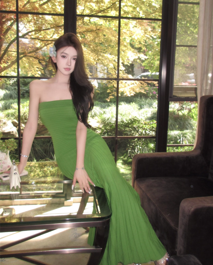 Charming Green Strapless Flowy Hem Maxi Dress Retro Stylish Shoots Pressed Pleat Long Dress AP1495