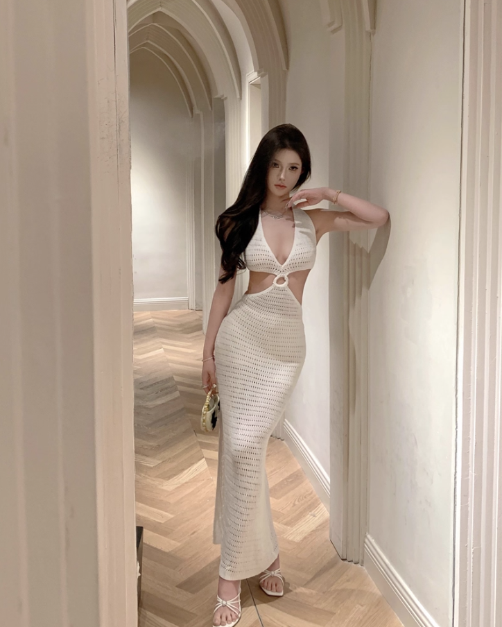 Sexy Cutout White Crochet Maxi Dress Fashion Outdoor Trips Sheath Open-Waist Halter Long Dress AP1496