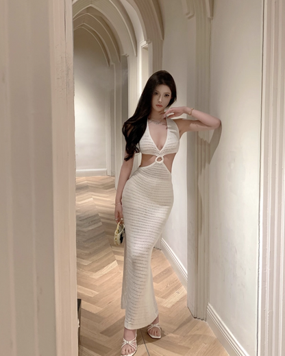 Sexy Cutout White Crochet Maxi Dress Fashion Outdoor Trips Sheath Open-Waist Halter Long Dress AP1496