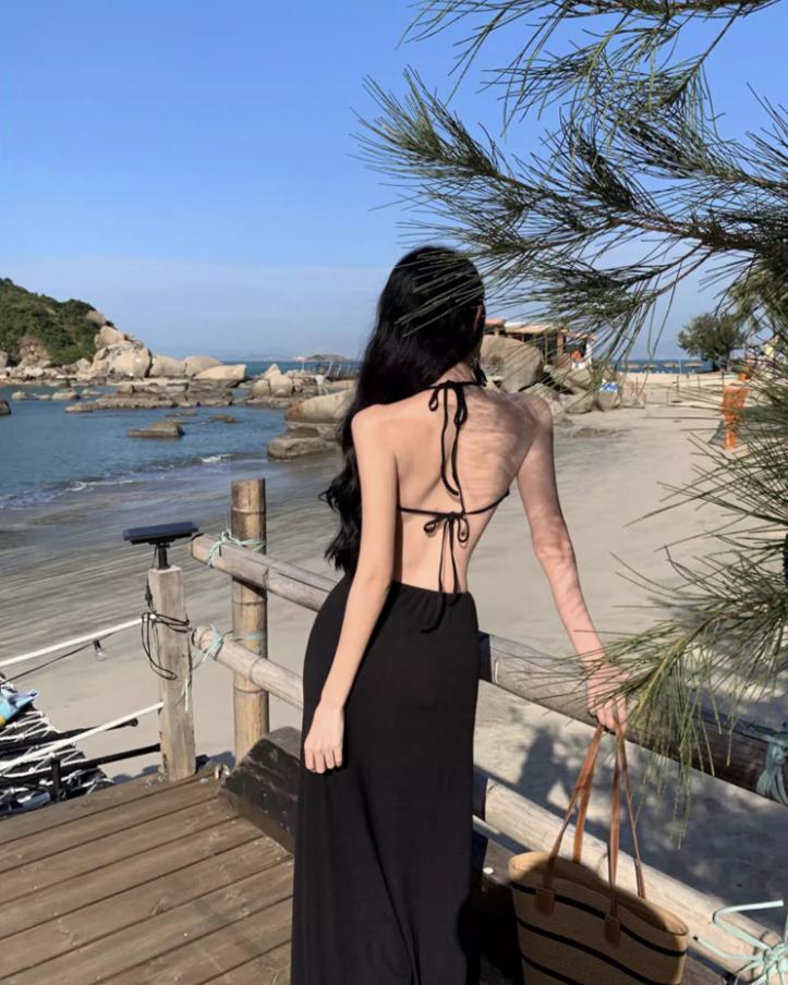 Alluring Deep V-Neck Cutout Backless Maxi Dress Novelty Bodycon Coastal Trips Tie-Back Halter Long Dress AP1497