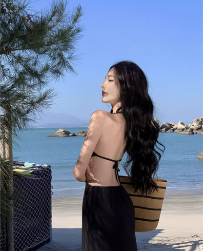 Alluring Deep V-Neck Cutout Backless Maxi Dress Novelty Bodycon Coastal Trips Tie-Back Halter Long Dress AP1497