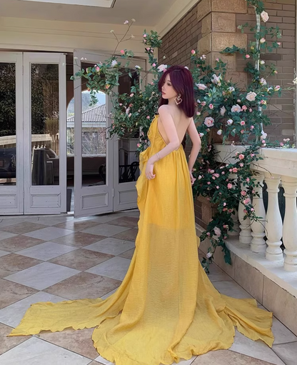 Ethereal Asymmetric Neckline Yellow Maxi Dress Chic Flowy Ruffles High-Slit Hem Halter Long Dress AP1498