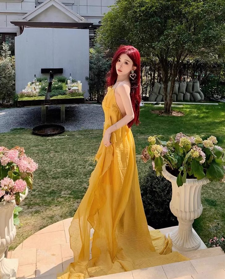 Ethereal Asymmetric Neckline Yellow Maxi Dress Chic Flowy Ruffles High-Slit Hem Halter Long Dress AP1498