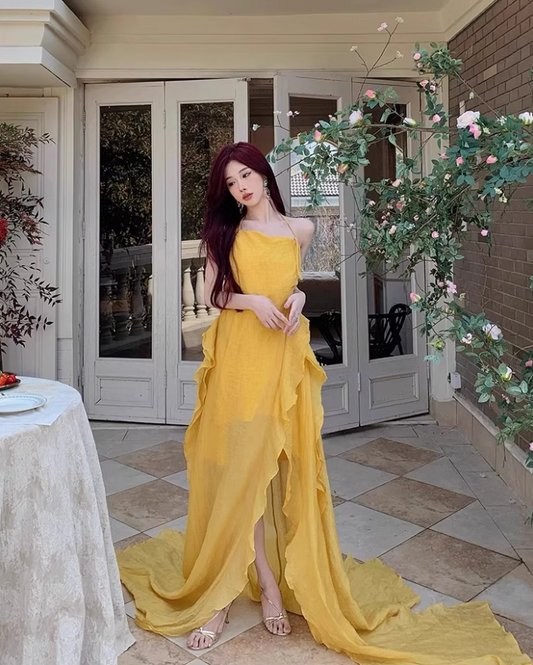 Ethereal Asymmetric Neckline Yellow Maxi Dress Chic Flowy Ruffles High-Slit Hem Halter Long Dress AP1498