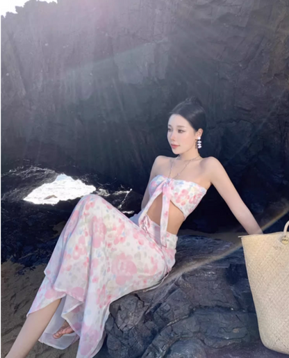 Romantic Tie-Front Cutout Two-Piece Set Maxi Dress Vogue Coastal Trips Pastel Floral Print Halter Long Dress AP1499