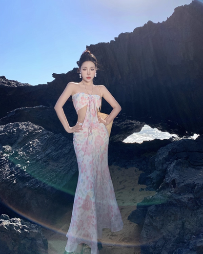 Romantic Tie-Front Cutout Two-Piece Set Maxi Dress Vogue Coastal Trips Pastel Floral Print Halter Long Dress AP1499