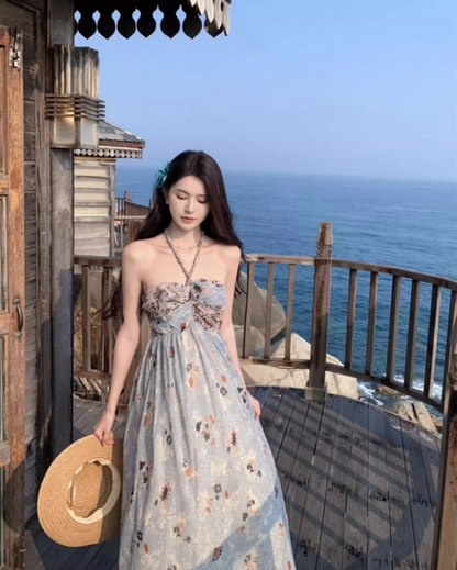 New Fashion Floral Print Flowy Maxi Dress Chic Coastal Trips Hot Girls Tie-Back Halter Long Dress AP1500