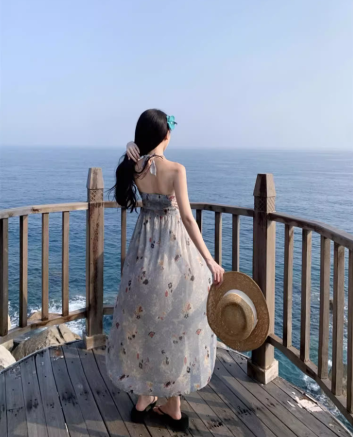 New Fashion Floral Print Flowy Maxi Dress Chic Coastal Trips Hot Girls Tie-Back Halter Long Dress AP1500