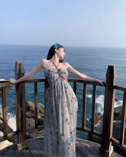 New Fashion Floral Print Flowy Maxi Dress Chic Coastal Trips Hot Girls Tie-Back Halter Long Dress AP1500