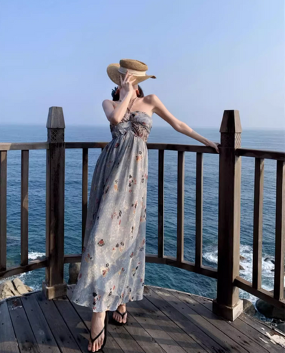 New Fashion Floral Print Flowy Maxi Dress Chic Coastal Trips Hot Girls Tie-Back Halter Long Dress AP1500