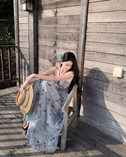 New Fashion Floral Print Flowy Maxi Dress Chic Coastal Trips Hot Girls Tie-Back Halter Long Dress AP1500