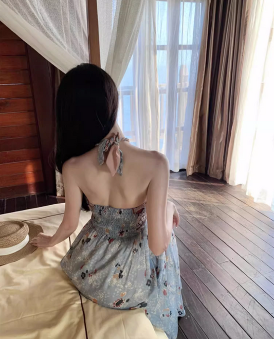 New Fashion Floral Print Flowy Maxi Dress Chic Coastal Trips Hot Girls Tie-Back Halter Long Dress AP1500