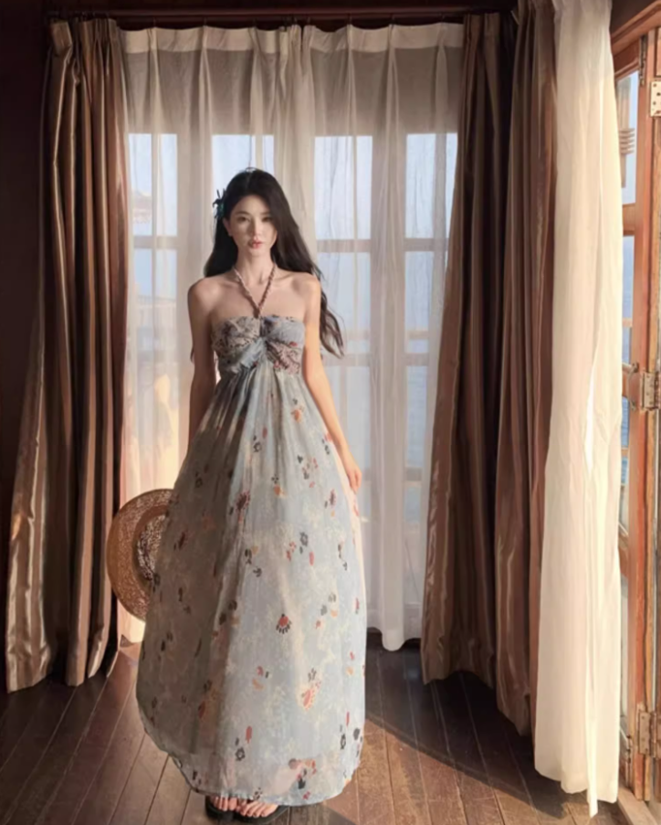 New Fashion Floral Print Flowy Maxi Dress Chic Coastal Trips Hot Girls Tie-Back Halter Long Dress AP1500