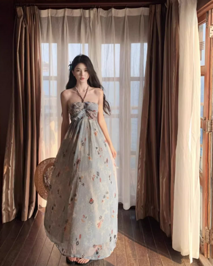 New Fashion Floral Print Flowy Maxi Dress Chic Coastal Trips Hot Girls Tie-Back Halter Long Dress AP1500
