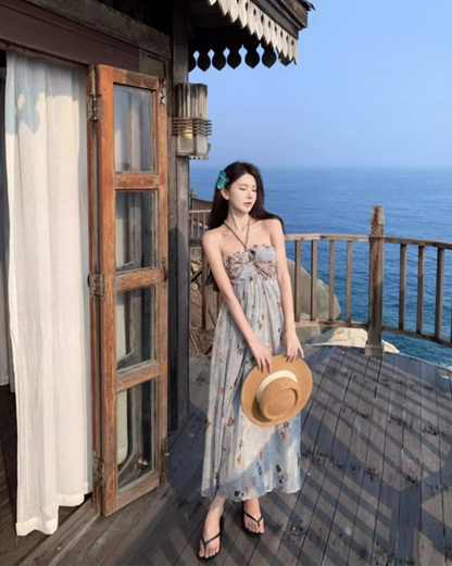 New Fashion Floral Print Flowy Maxi Dress Chic Coastal Trips Hot Girls Tie-Back Halter Long Dress AP1500