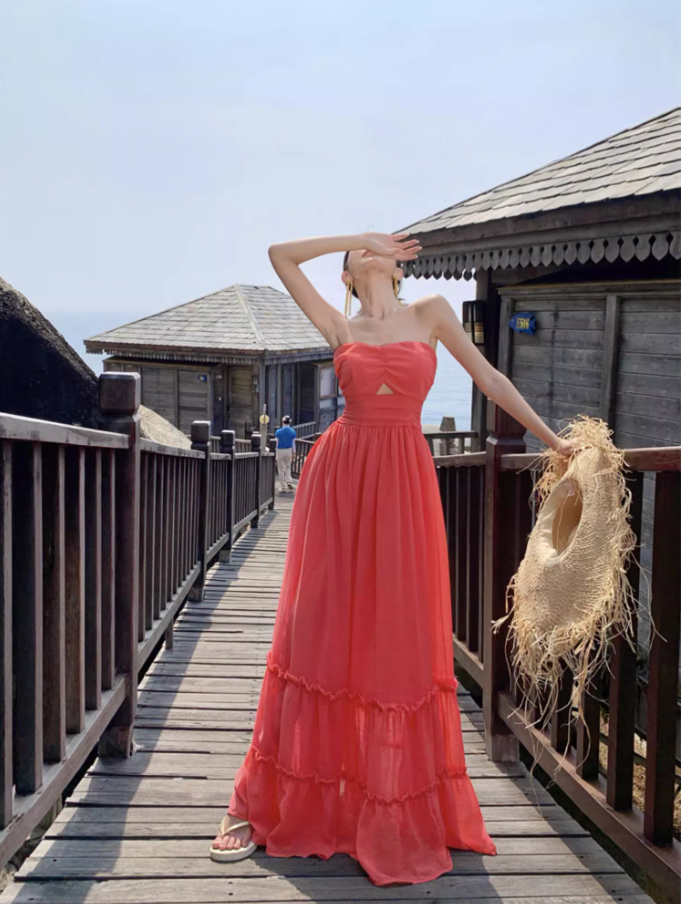 Ethereal Coral Strapless Tiered Ruffles Hem Maxi Dress Retro Flowy Stylish Shoots Tie-Back Long Dress AP1501