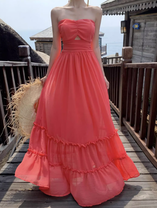 Ethereal Coral Strapless Tiered Ruffles Hem Maxi Dress Retro Flowy Stylish Shoots Tie-Back Long Dress AP1501