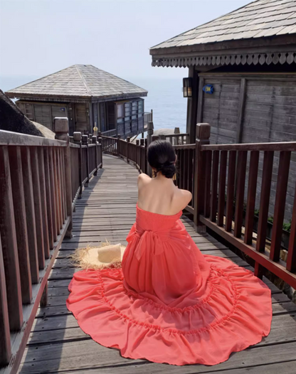 Ethereal Coral Strapless Tiered Ruffles Hem Maxi Dress Retro Flowy Stylish Shoots Tie-Back Long Dress AP1501