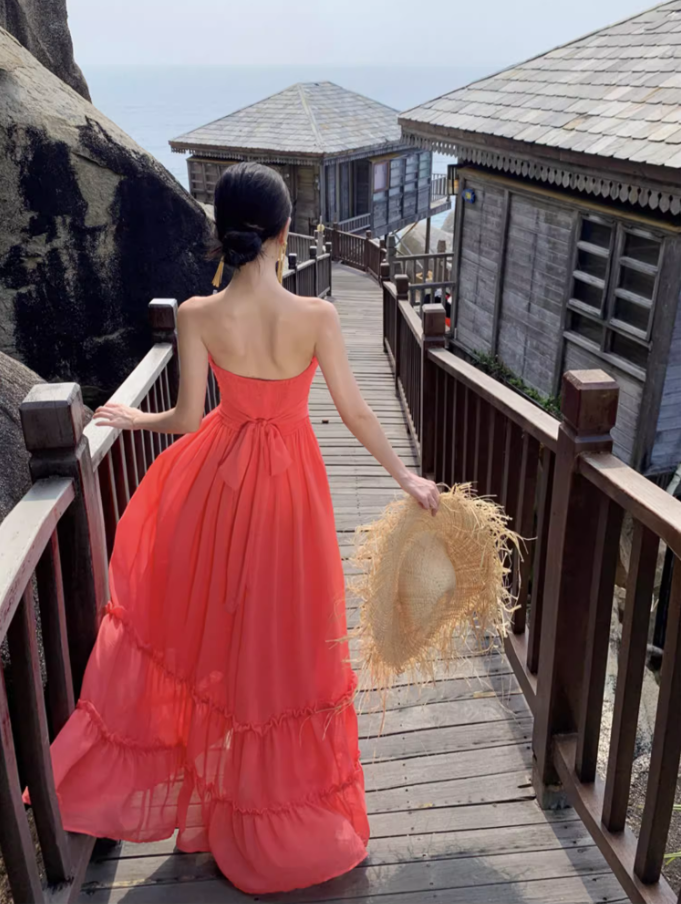 Ethereal Coral Strapless Tiered Ruffles Hem Maxi Dress Retro Flowy Stylish Shoots Tie-Back Long Dress AP1501