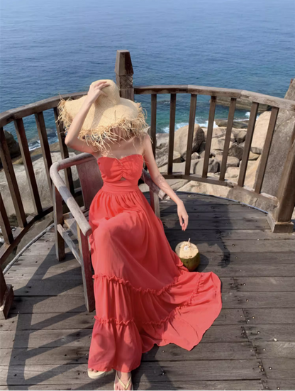 Ethereal Coral Strapless Tiered Ruffles Hem Maxi Dress Retro Flowy Stylish Shoots Tie-Back Long Dress AP1501