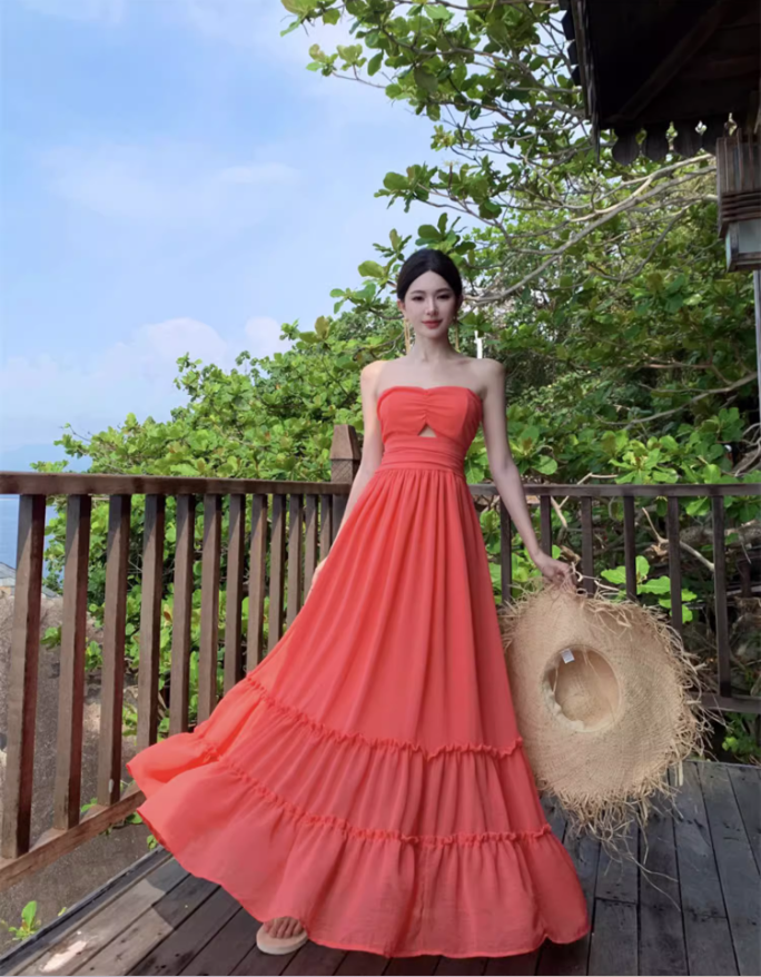 Ethereal Coral Strapless Tiered Ruffles Hem Maxi Dress Retro Flowy Stylish Shoots Tie-Back Long Dress AP1501