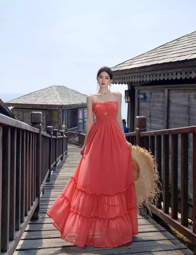 Ethereal Coral Strapless Tiered Ruffles Hem Maxi Dress Retro Flowy Stylish Shoots Tie-Back Long Dress AP1501