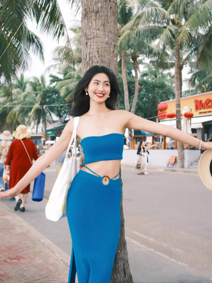 Vintage Cobalt Blue Two-Piece Strapless Maxi Dress Gen Z High-Slit Stylish Shoots Crop Top Long Dress AP1502
