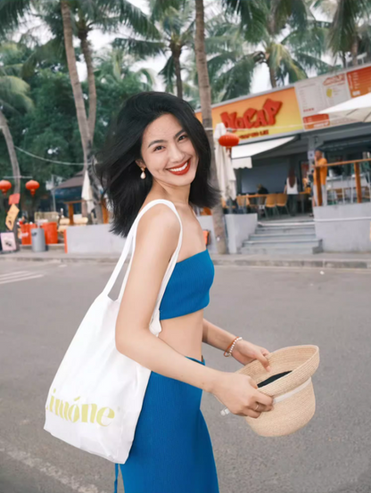 Vintage Cobalt Blue Two-Piece Strapless Maxi Dress Gen Z High-Slit Stylish Shoots Crop Top Long Dress AP1502