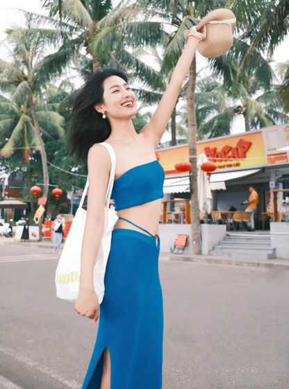 Vintage Cobalt Blue Two-Piece Strapless Maxi Dress Gen Z High-Slit Stylish Shoots Crop Top Long Dress AP1502