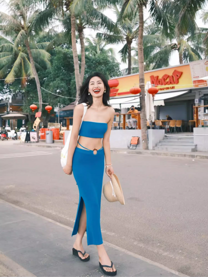 Vintage Cobalt Blue Two-Piece Strapless Maxi Dress Gen Z High-Slit Stylish Shoots Crop Top Long Dress AP1502