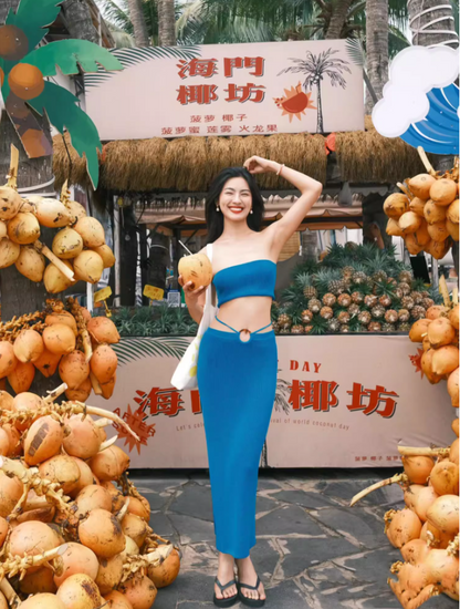 Vintage Cobalt Blue Two-Piece Strapless Maxi Dress Gen Z High-Slit Stylish Shoots Crop Top Long Dress AP1502