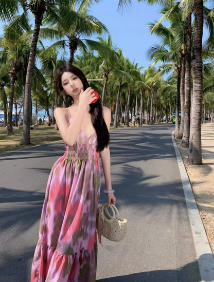 Boho Style Tie-Dye Floral Print Flowy Maxi Dress Fashion Open-Back Spaghetti Strap Beach Vacays Long Dress AP1503