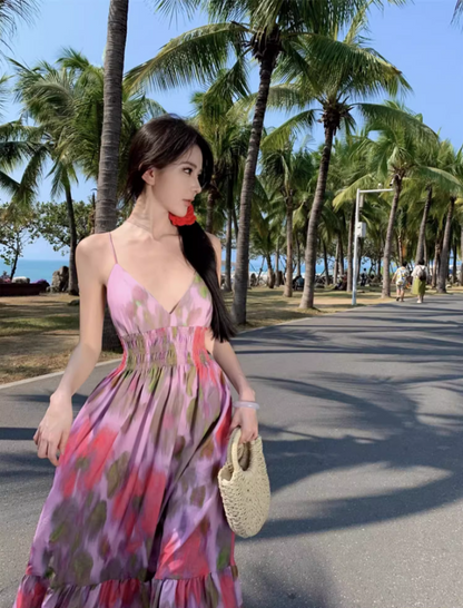 Boho Style Tie-Dye Floral Print Flowy Maxi Dress Fashion Open-Back Spaghetti Strap Beach Vacays Long Dress AP1503